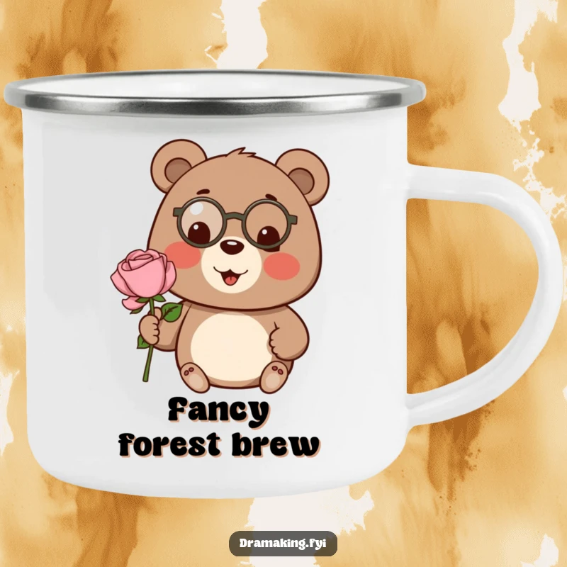 Funny bear camping mug, wearing a tiny monocle, presenting a large rose, durable and sophisticated.