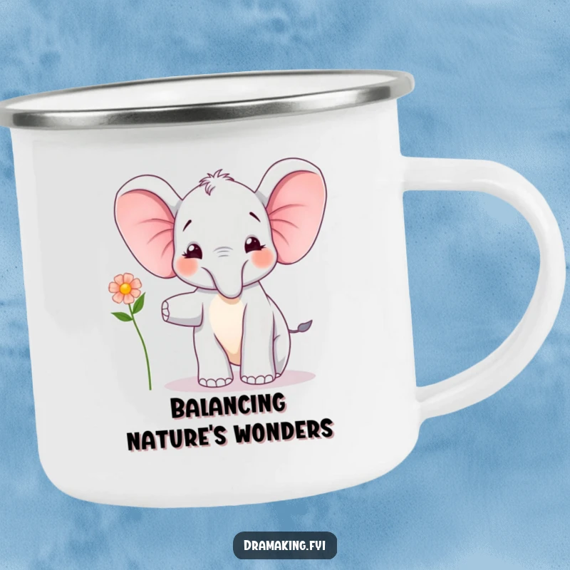 Funny Elephant Calf Balancing Camping Mug: A joyful elephant calf balances with a flower, perfect for outdoor fun, a funny gift.