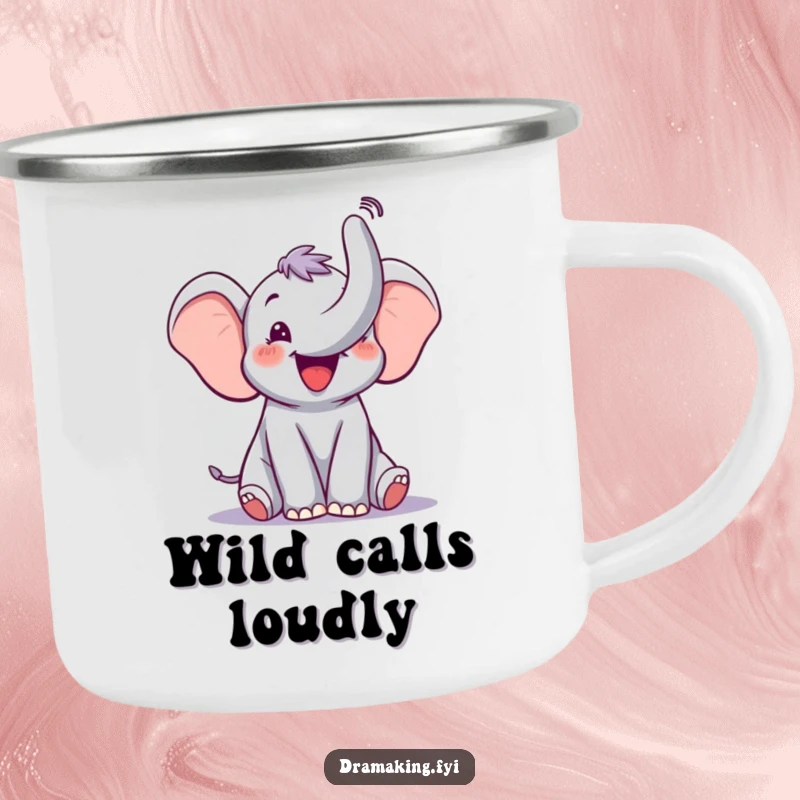 Funny Elephant Trumpet Camping Mug showing a happy elephant trumpeting, ideal for enjoying drinks during outdoor adventures with humor.