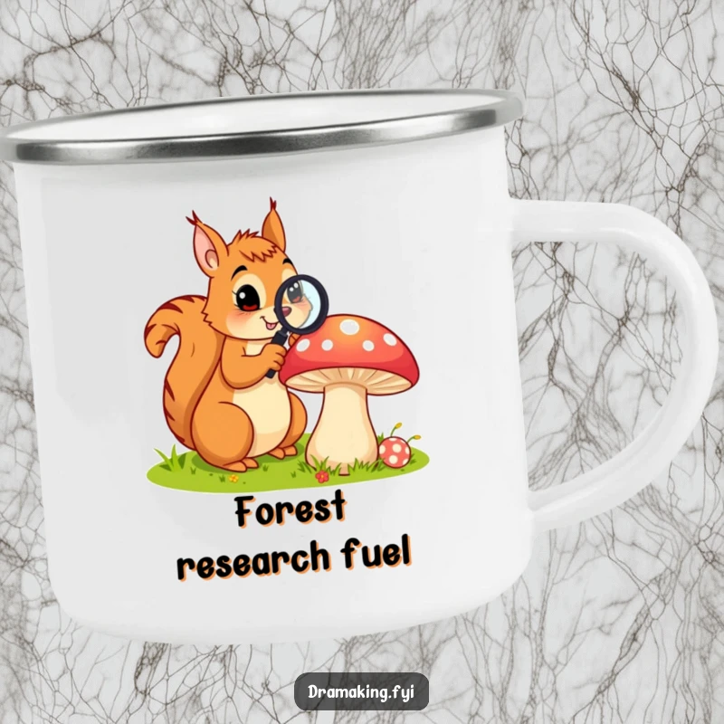 Funny camping mug featuring a curious squirrel with a magnifying glass examining a large, colorful mushroom, perfect for outdoor nature exploration.