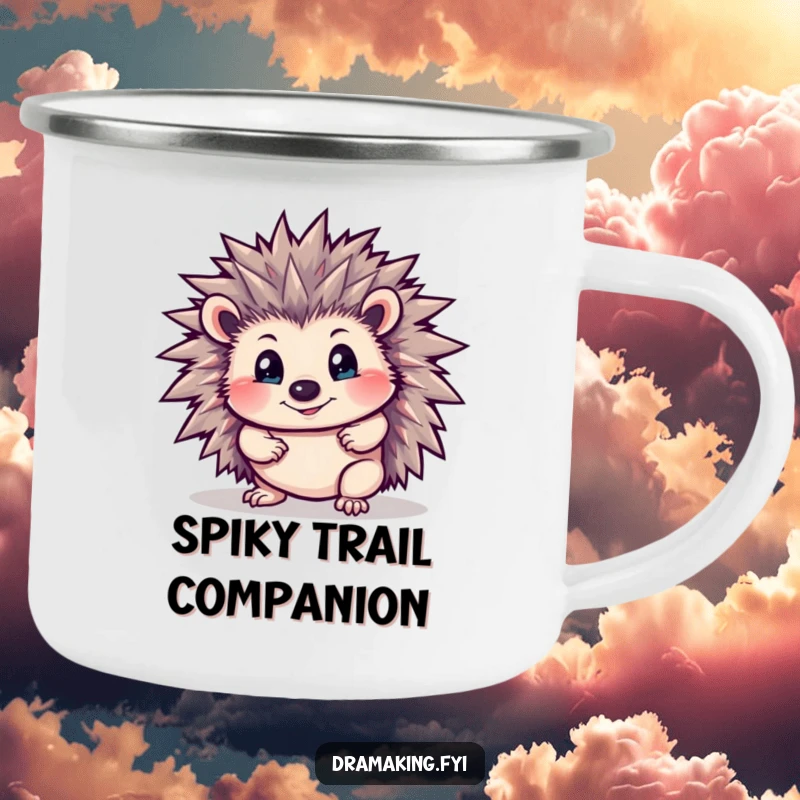 Funny Hedgehog Camping Mug: A curious hedgehog with bristling spines in a dramatic pose, perfect for outdoor adventures and humorous hydration.