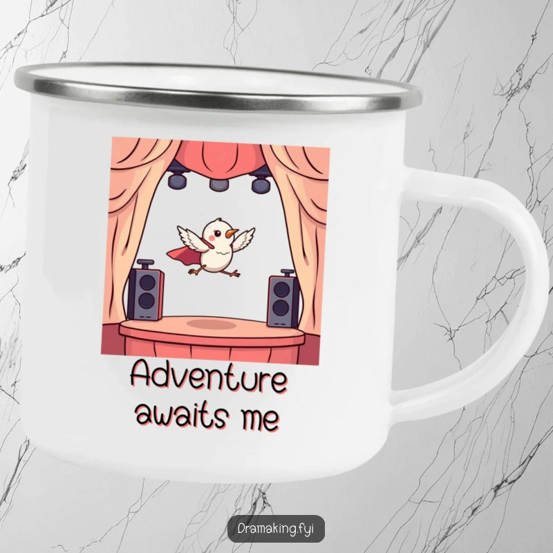 Funny camping mug with a tiny bird wearing a cape, dramatically leaping from a miniature stage, for heroic outdoor use.