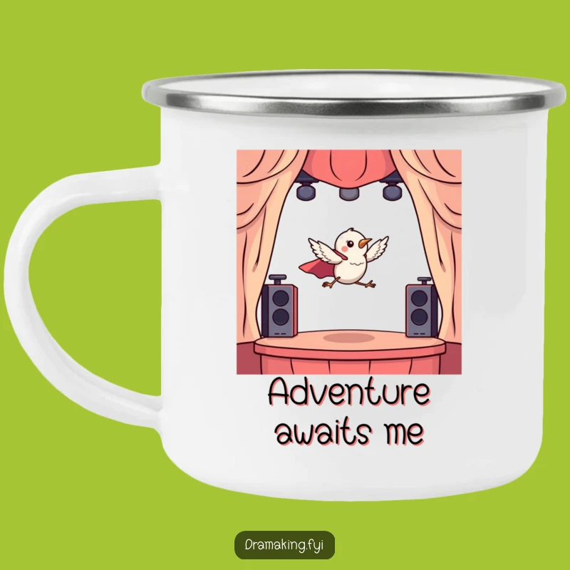 Funny Hero Bird Leaping Camping Mug: Adventure with Drama