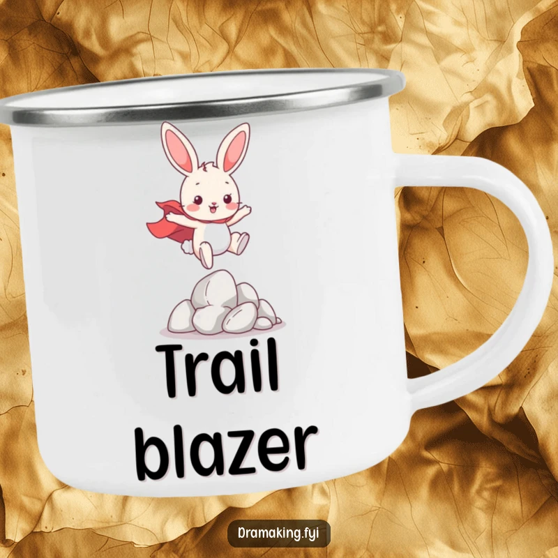 Funny Hero Bunny Camping Mug, showing a playful bunny wearing a cape, leaping over imaginary obstacles, perfect for outdoor adventures.