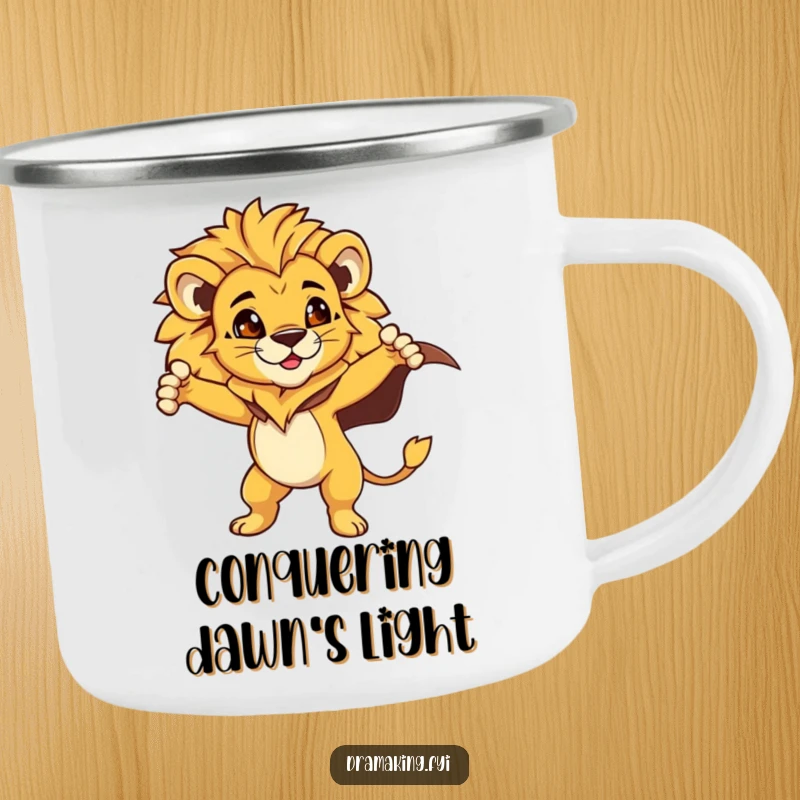 Funny Lion Cub Camping Mug: A proud lion cub in a flowing cape strikes a heroic pose, ideal for outdoor adventures, a funny gift.