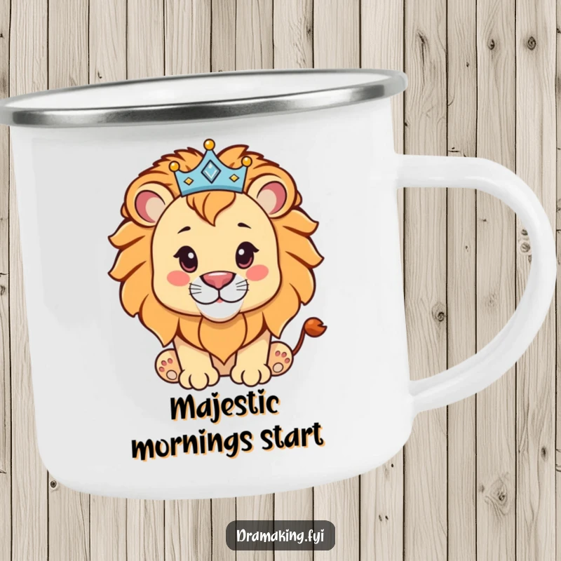 Funny lion cub wearing a sparkling crown, on a camping mug, ready for regal outdoor adventures with humor.