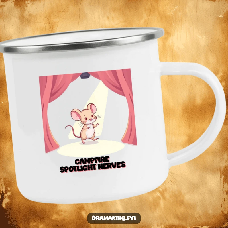 Funny camping mug featuring a timid mouse tiptoeing across a stage with a spotlight shining, perfect for outdoor enthusiasts who embrace humor.