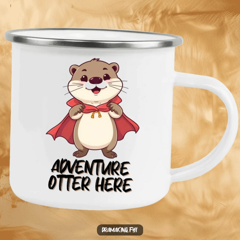 Funny Otter Hero Camping Mug featuring a cheerful otter in a cape striking a flamboyant, confident pose, ready for funny outdoor adventures.