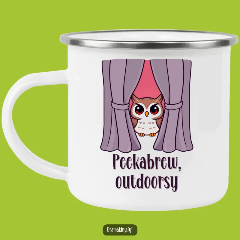 Funny Owl Peeking Curtain Camping Mug - Adventure Humor for Outdoor Surprises