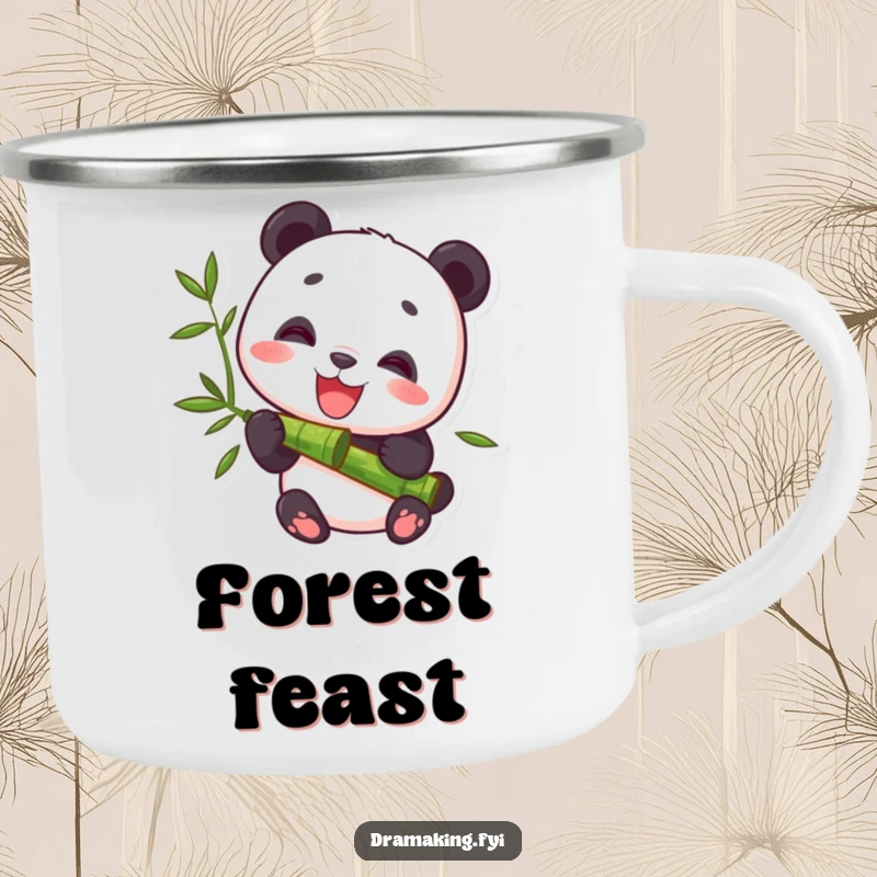 Funny Camping Mug showing a delighted panda character munching bamboo, designed for outdoor use with a humorous, serene theme.