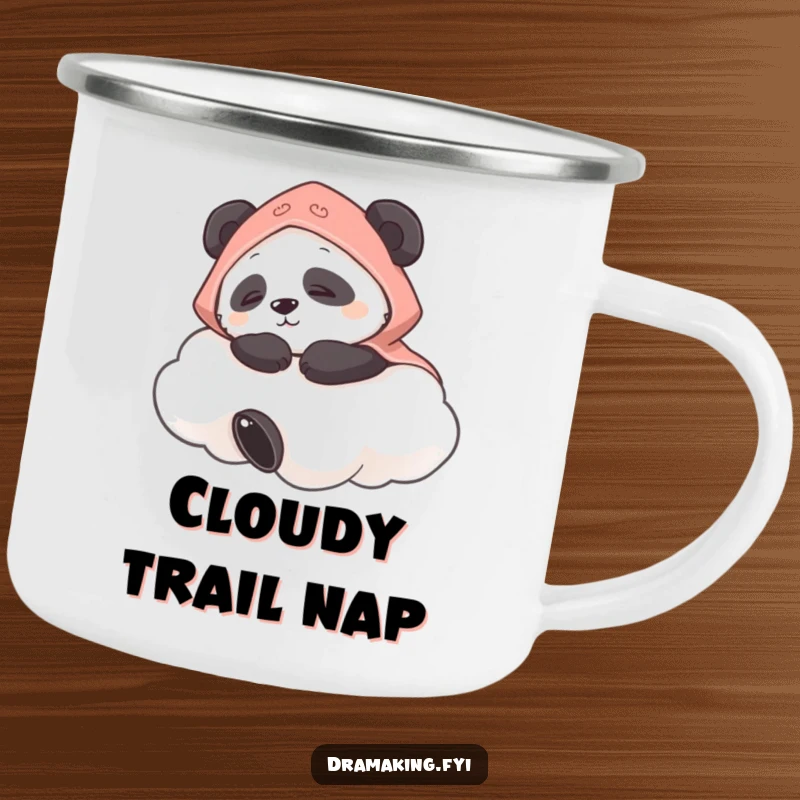 Funny camping mug featuring a panda in a cape napping on a cloud, bringing peaceful humor to outdoor activities.