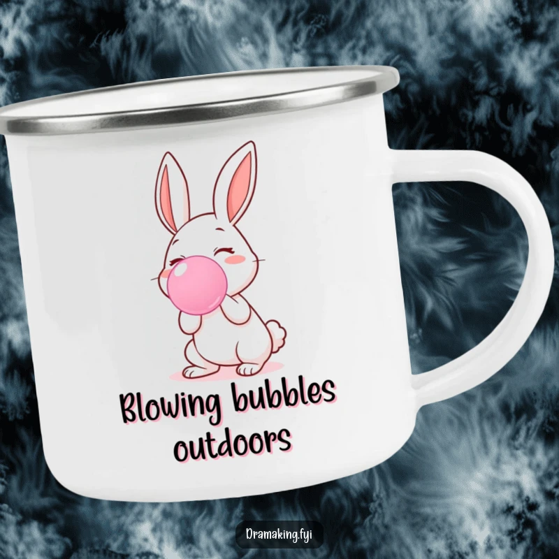 Funny camping mug with a happy rabbit character blowing a huge bubblegum bubble, perfect for outdoor drinks and smiles.
