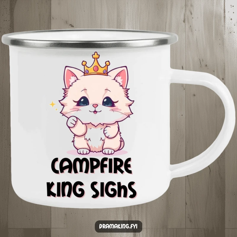 Funny camping mug with a fluffy cat wearing a crown, dramatically pointing at a sparkling object, for majestic outdoor use.
