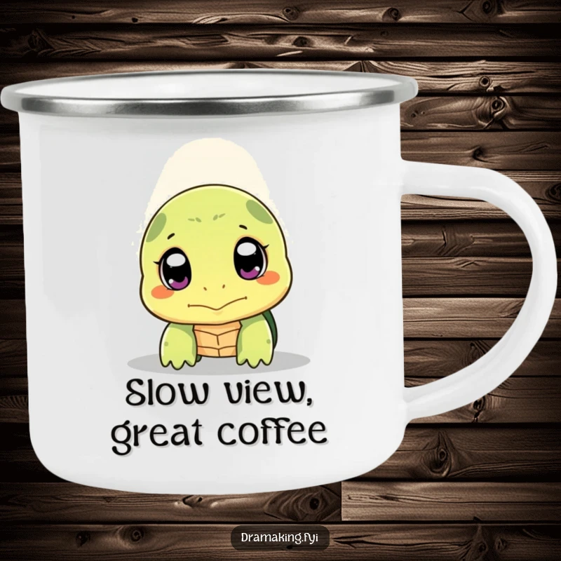 Funny shy turtle camping mug showing a turtle peeking its head out with wide, expressive eyes under a spotlight, durable.