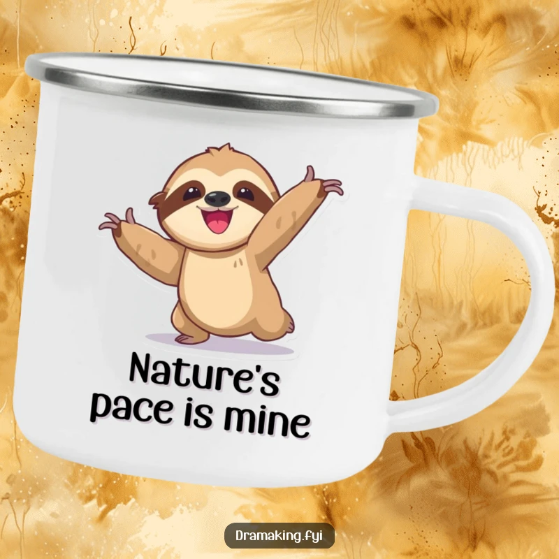 Funny sloth camping mug with a delighted character in an exaggerated, slow, dramatic pose, perfect for outdoor beverages and humor.