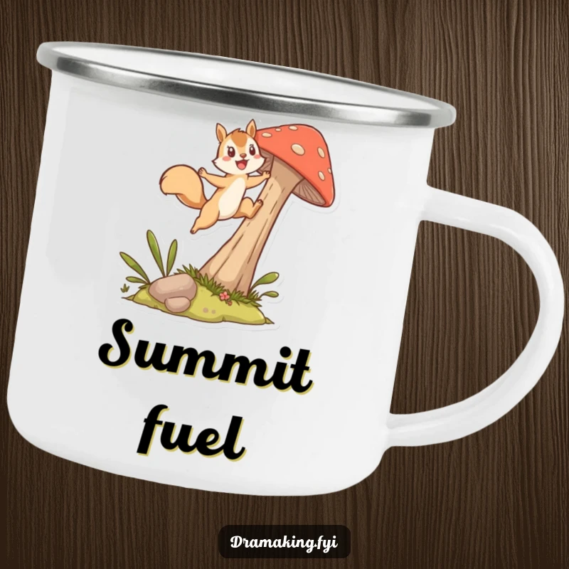 Funny Camping Mug showing an energetic squirrel character leaping from a mushroom, designed for outdoor use with a humorous, adventurous spirit.