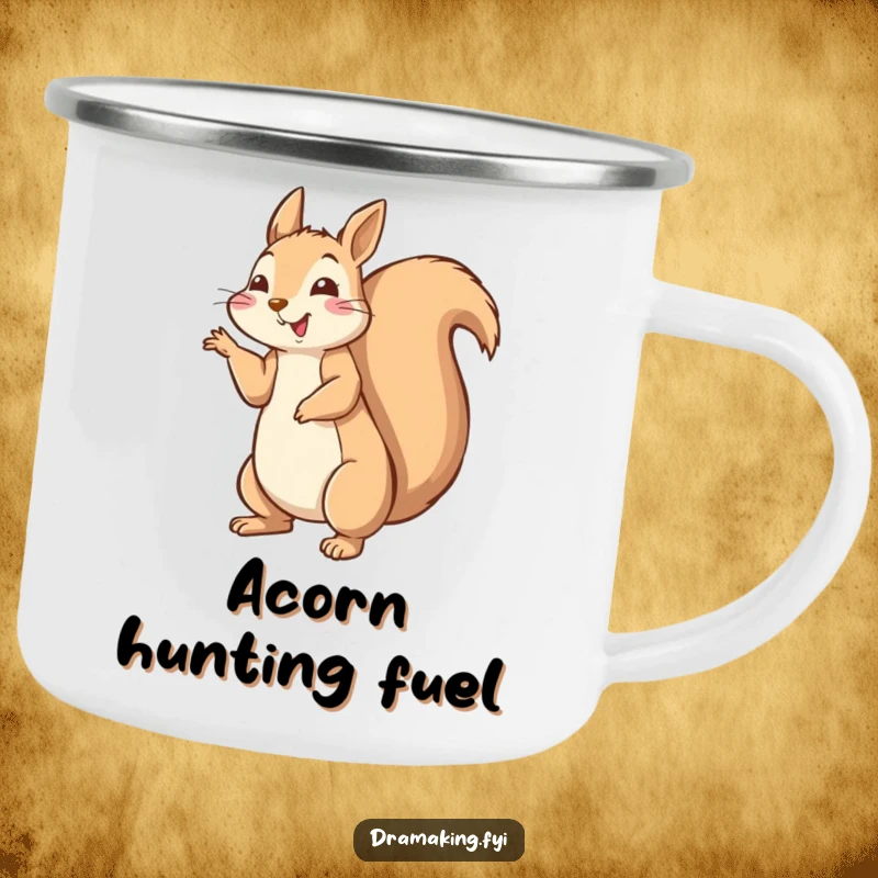 Funny happy squirrel camping mug striking a dramatic pose with tail fluffed high, durable and humorous outdoor drinkware.