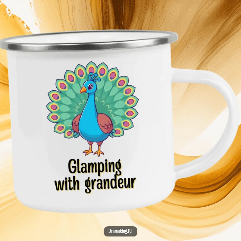 Funny peacock camping mug showing a regal bird with its tail feathers flared wide, perfect for outdoor adventures and humorous sips.