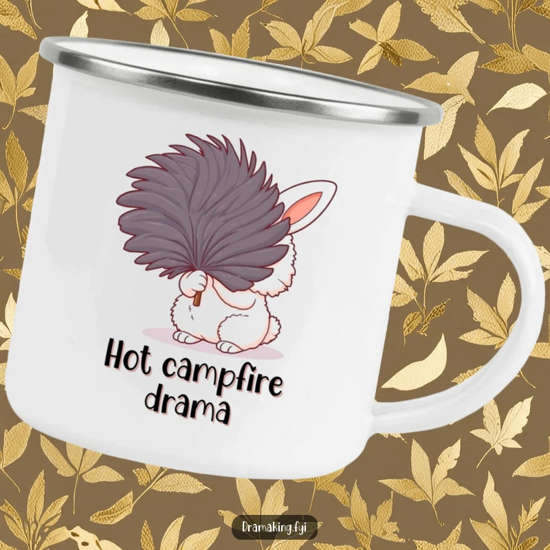 Funny camping mug featuring a fluffy bunny fanning itself with a large feather, perfect for outdoor enthusiasts who appreciate humor.