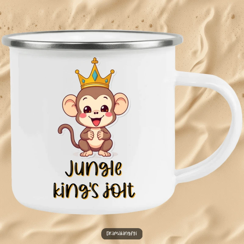Funny monkey camping mug, depicting a playful monkey wearing a crown and striking a regal yet silly pose, humorous and sturdy outdoor mug.