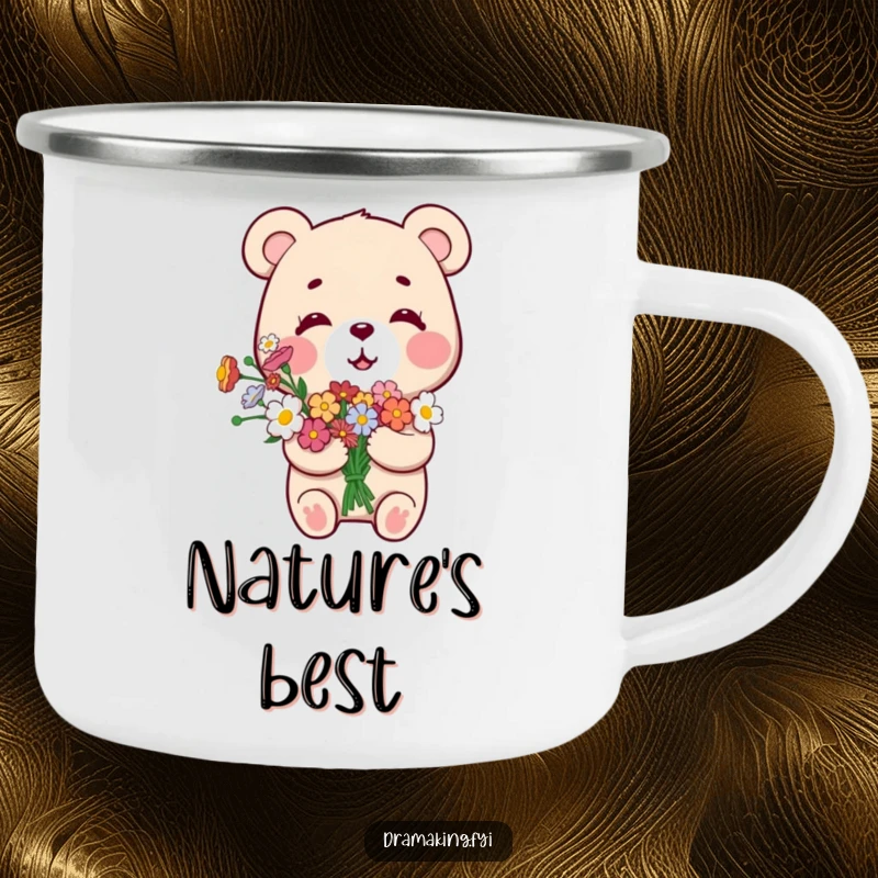 Funny Smug Bear Camping Mug, showing a small bear with a bouquet of flowers, looking overly pleased with itself, for outdoor pride.