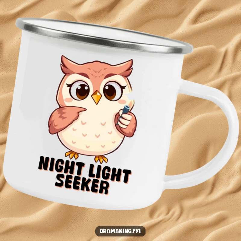 Funny owl camping mug featuring an excited character pointing at a sparkling spotlight, built for outdoor adventures and inspiration.