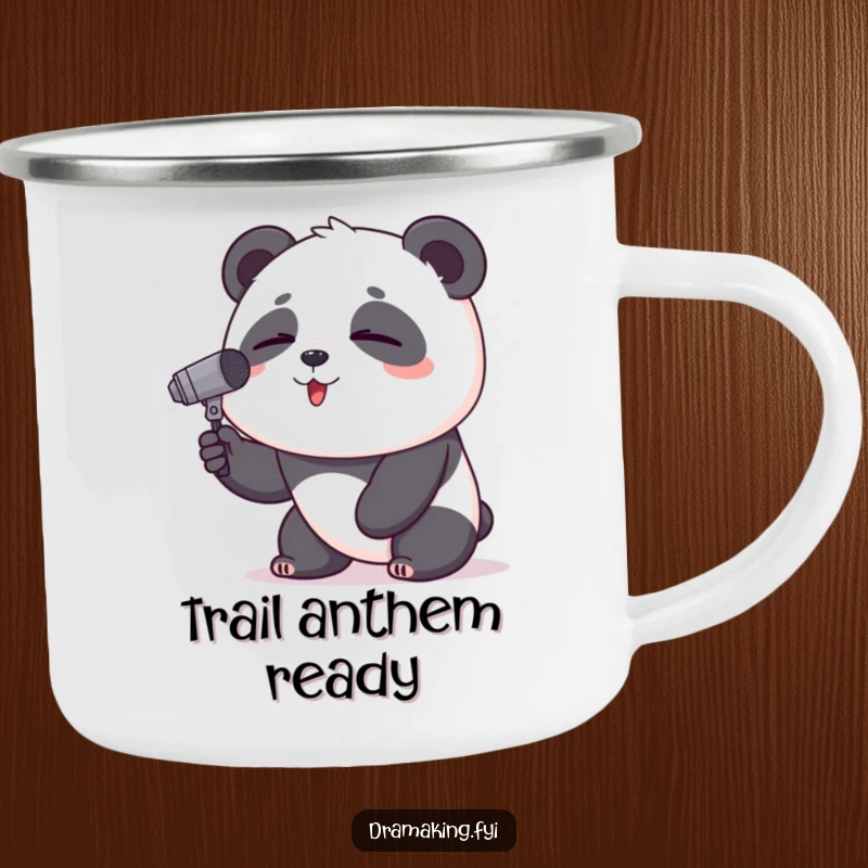 Funny Panda Camping Mug: A proud panda sings into a tiny microphone, ready for an outdoor musical adventure.