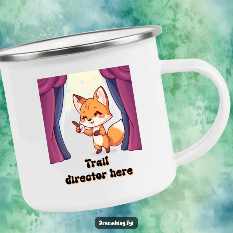 Funny Fox Stage Director Camping Mug featuring a playful fox pointing towards an imaginary stage, ready for funny outdoor direction.