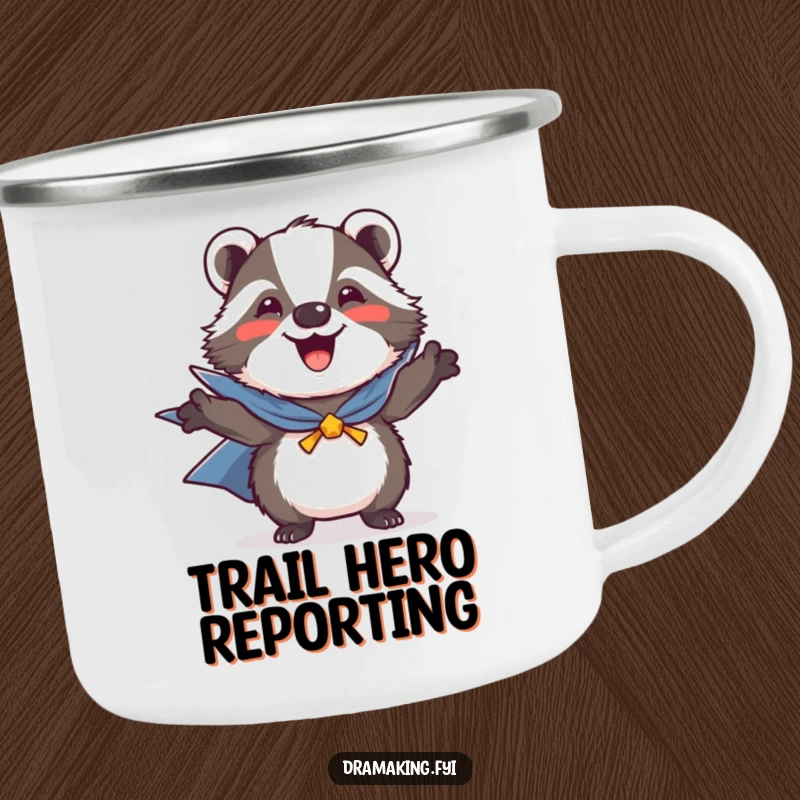Funny camping mug featuring a joyful badger in a heroic pose, wearing a tiny cape, ready to explore new frontiers.