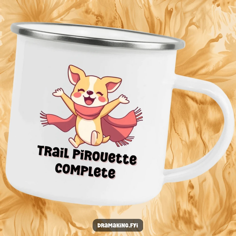 Funny dog ballet camping mug showing a joyful dog in a flamboyant scarf doing a mid-air ballet pose, durable for adventures.