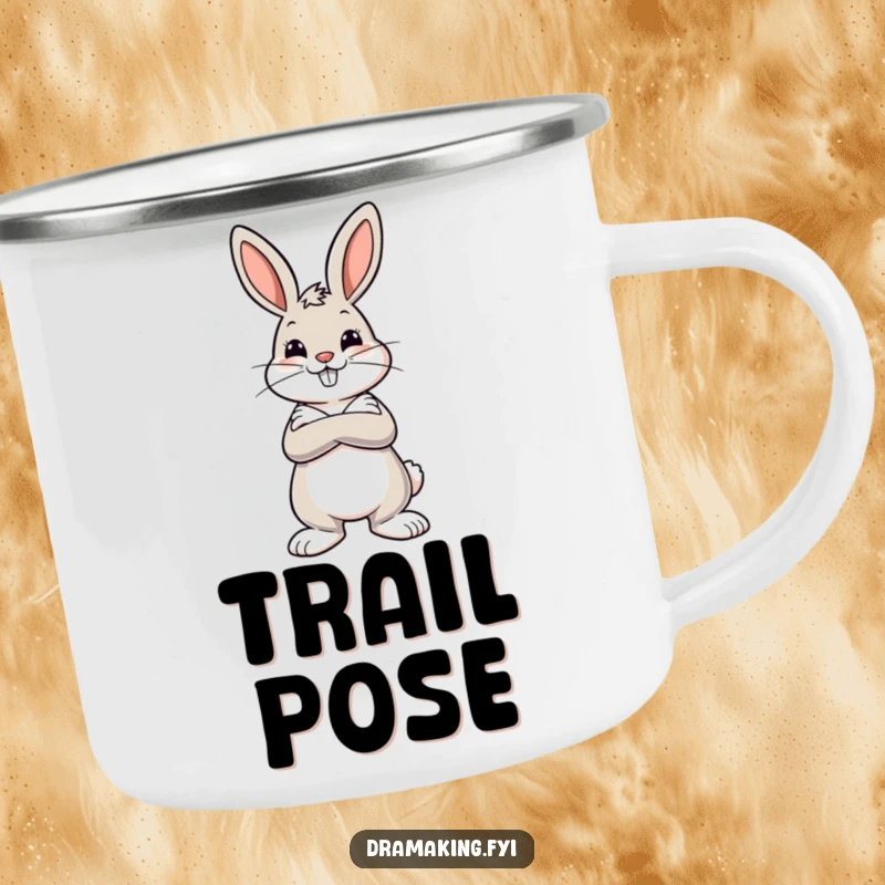 Funny camping mug showing a cheerful bunny with crossed arms striking a dramatic pose, enjoying the great outdoors with flair.