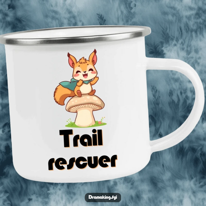 Funny camping mug showing a delighted squirrel in a tiny cape leaping from a mushroom, ready for outdoor exploration.
