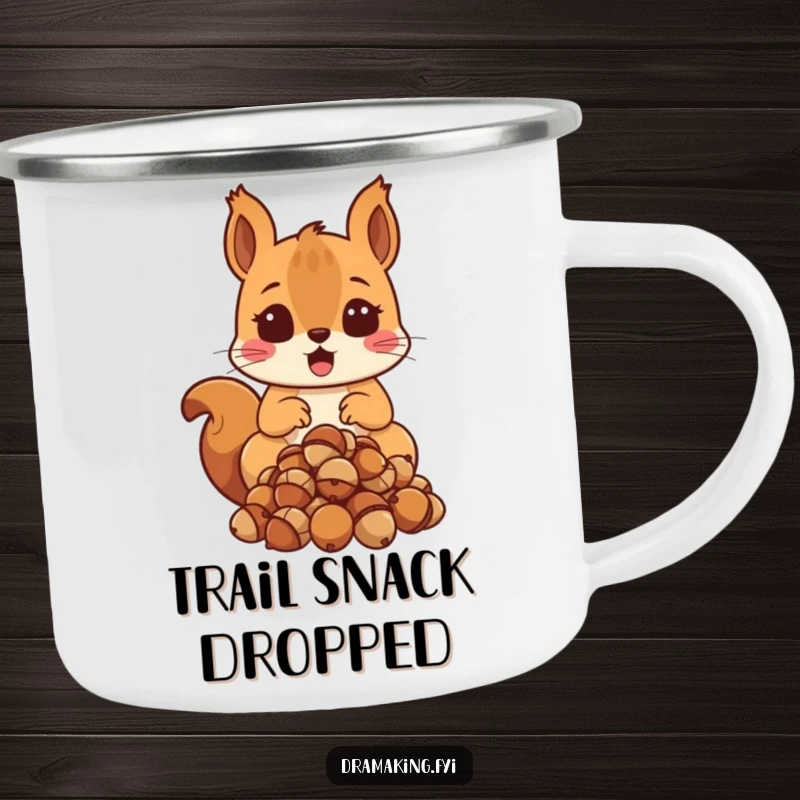 Funny Surprised Squirrel Camping Mug featuring a shocked squirrel dropping acorns, ready for funny outdoor surprises.