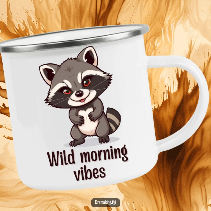 Funny raccoon camping mug with a playful character striking a dramatic pose and a sly smile, perfect for outdoor beverages and humor.