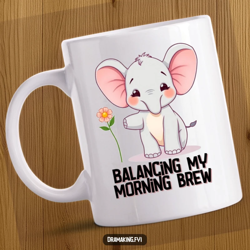 Funny Elephant Calf Balancing Mug: A joyful elephant calf balances with a flower, radiating happiness, a perfect funny gift.