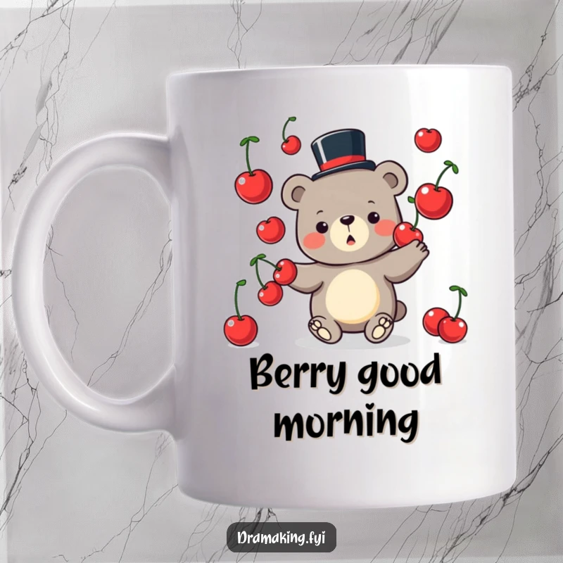 Funny Bear Mug showing a silly bear character wearing a tiny top hat and comically juggling oversized cherries.