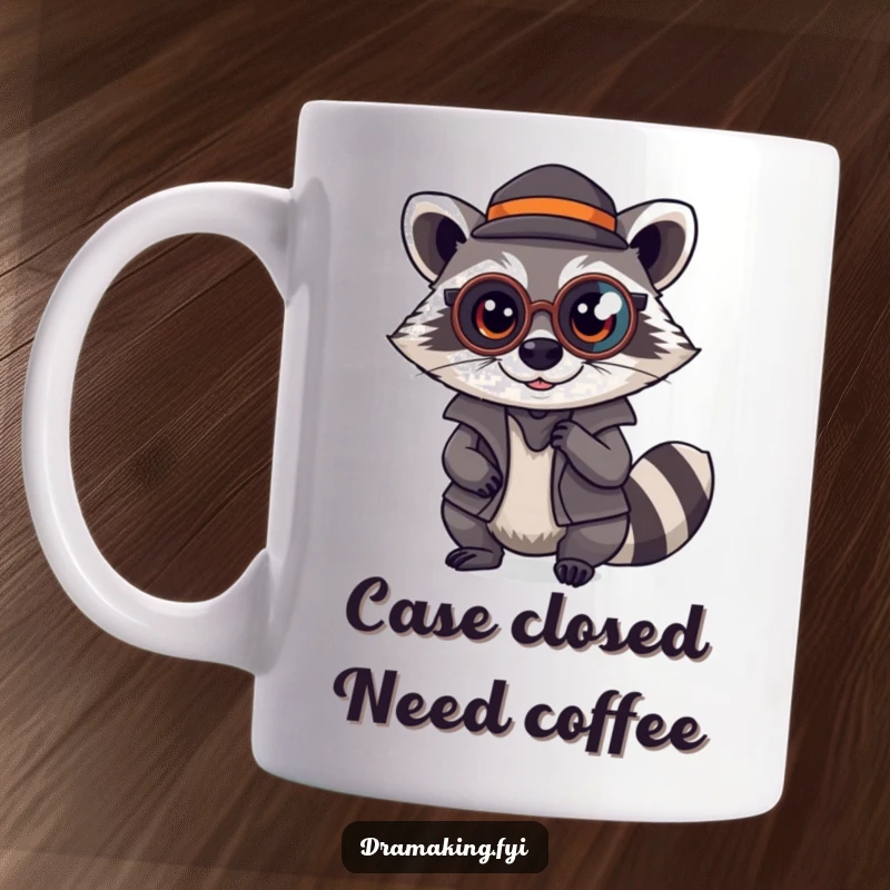Funny Raccoon Detective Mug: A mischievous raccoon in a monocle investigates clues, perfect for a funny gift for mystery lovers.