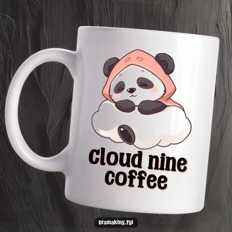 Funny mug featuring a contented panda wearing a tiny cape, peacefully napping on a soft fluffy cloud, radiating ultimate relaxation.