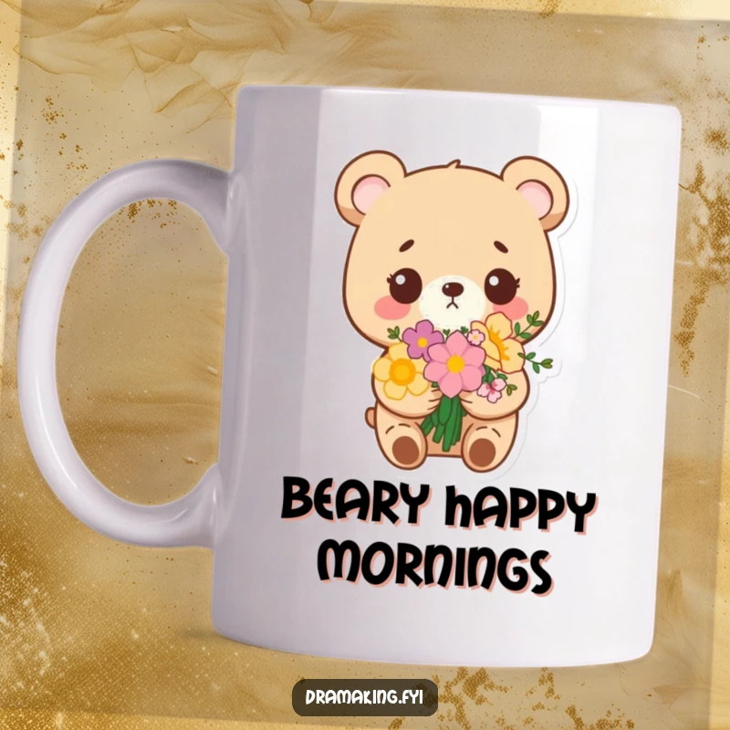 Funny mug showing a small bear holding a bouquet of flowers, looking extremely pleased with itself, radiating smug joy.