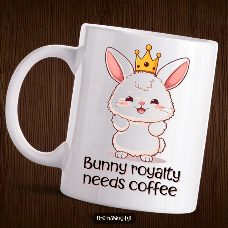 Funny Bunny King Mug featuring a fluffy bunny character wearing a tiny crown and striking a dramatic pose.