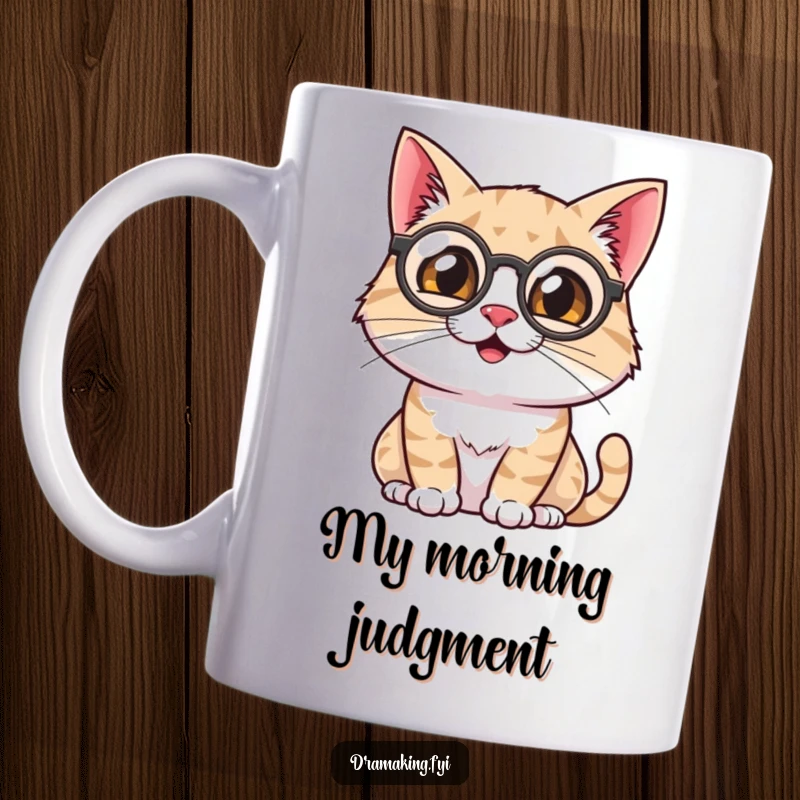Funny Cat Monocle Mug: A smiling cat wearing a monocle surveys the scene with theatrical flair, exuding sophistication and humor.