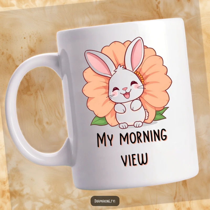 Funny rabbit mug with a happy expression, peeking playfully from behind a massive, colorful flower. A cute and charming gift.