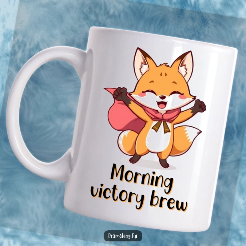Funny mug with a joyful fox wearing a cape that flows dramatically as it strikes a triumphant superhero pose.