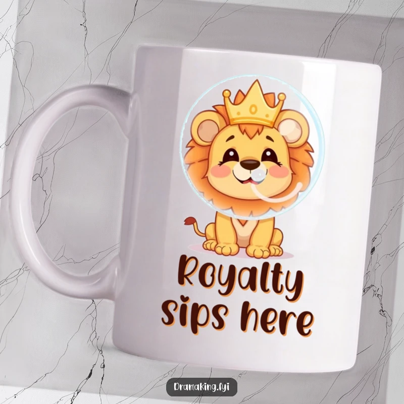 Funny lion cub mug with a cheerful expression blowing a large soap bubble reflecting a tiny crown, ideal for happy coffee drinkers.
