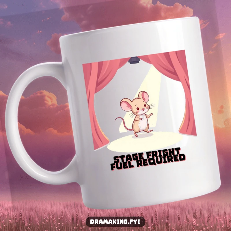 Funny mug featuring a timid mouse tiptoeing across a stage with a spotlight shining on it, conveying shy bravery humorously.