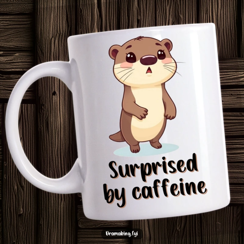 Funny Otter Mug: A whimsical otter striking a dramatic pose with a wide-eyed surprised expression, showcasing playful humor.