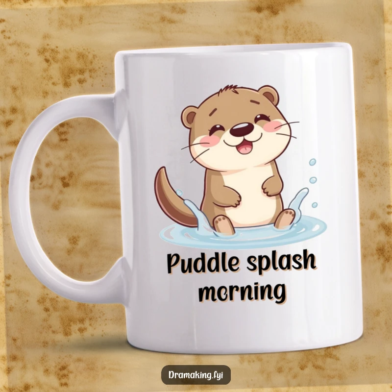 Funny otter character splashing joyfully in a puddle on a mug, radiating happiness and playful energy, a great gift.