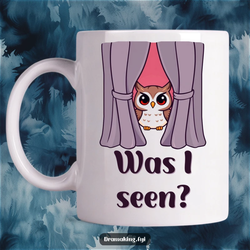 Funny owl character peeking from behind a red dramatic curtain, surprised expression, witty humor, great gift idea.