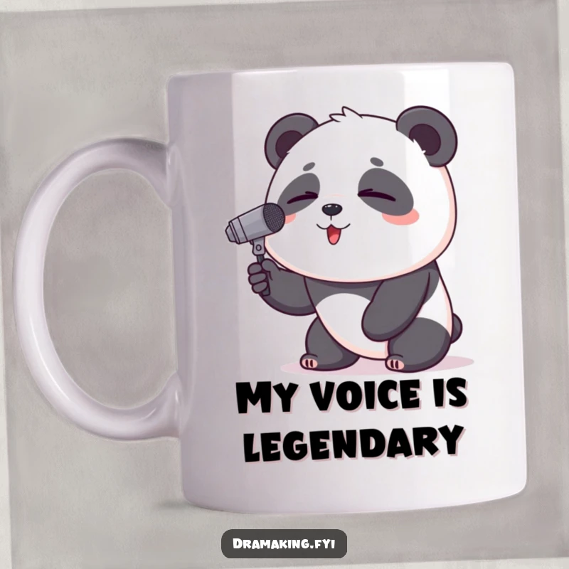 Funny Panda Mug: A proud panda with closed eyes sings passionately into a tiny microphone, capturing a joyful musical moment.