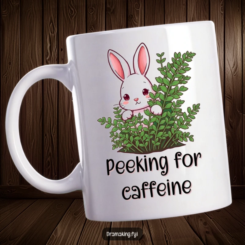Funny rabbit peeking from behind a lush fern on a mug, conveying curiosity and playful secrecy, a great gift.